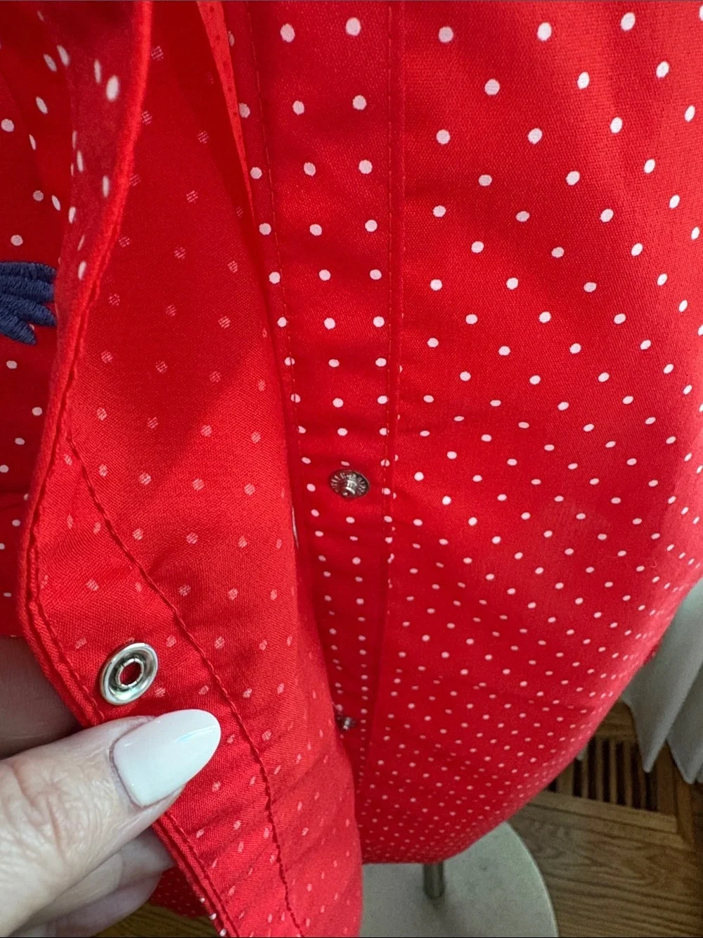 Red Polka Dot snap up house dress with Floral Embroidery pocket Med cotton blend
